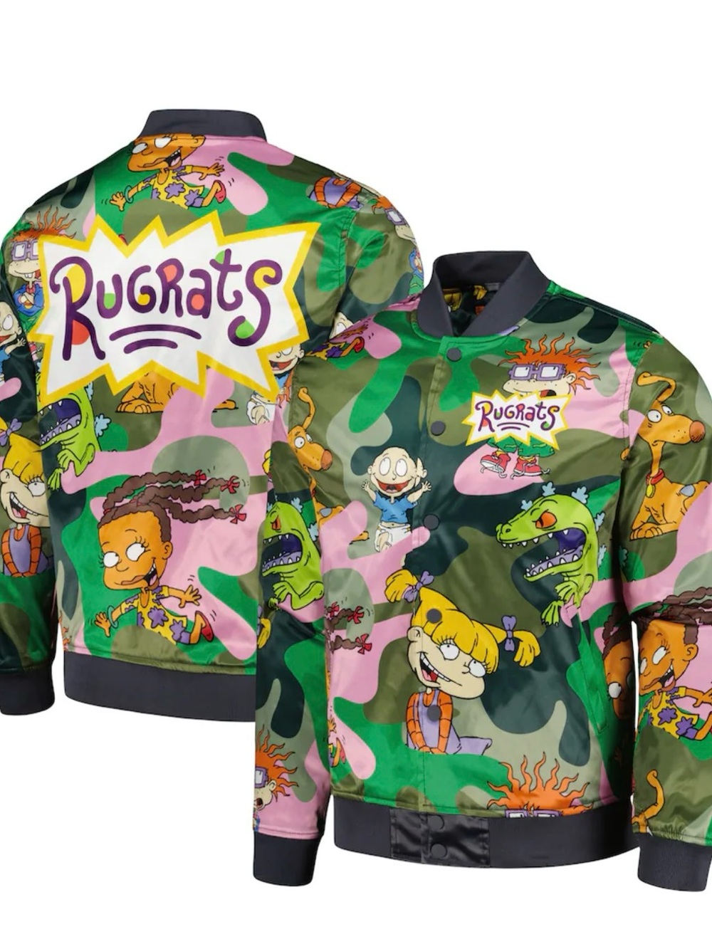 Rugrats Graphic Bomber Jacket in Green & Pink Camo